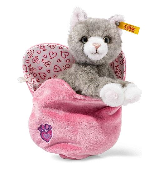 Steiff 99311 Cindy Katze im Herzbeutel, Plüschtier, grau-gestromelt, 14 cm