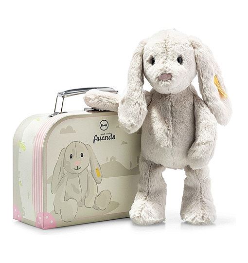Steiff Kuscheltier Hase Hoppie im Koffer, Süßes Stofftier, Jungen, Mädchen & Babys ab 0 Monaten, Soft Cuddly Friends Hase, Plüschtier 26 cm, Hellgrau, 080968
