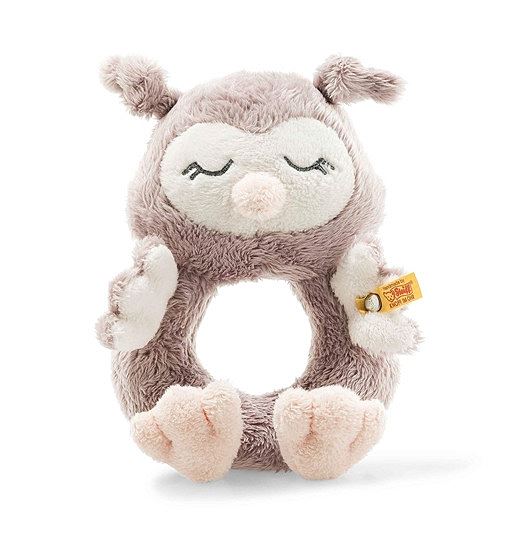 Steiff Ollie Eule Rassel - 14 cm - Kuscheltier für Babys - Soft Cuddly Friends - weich & waschbar - rosebraun 241864